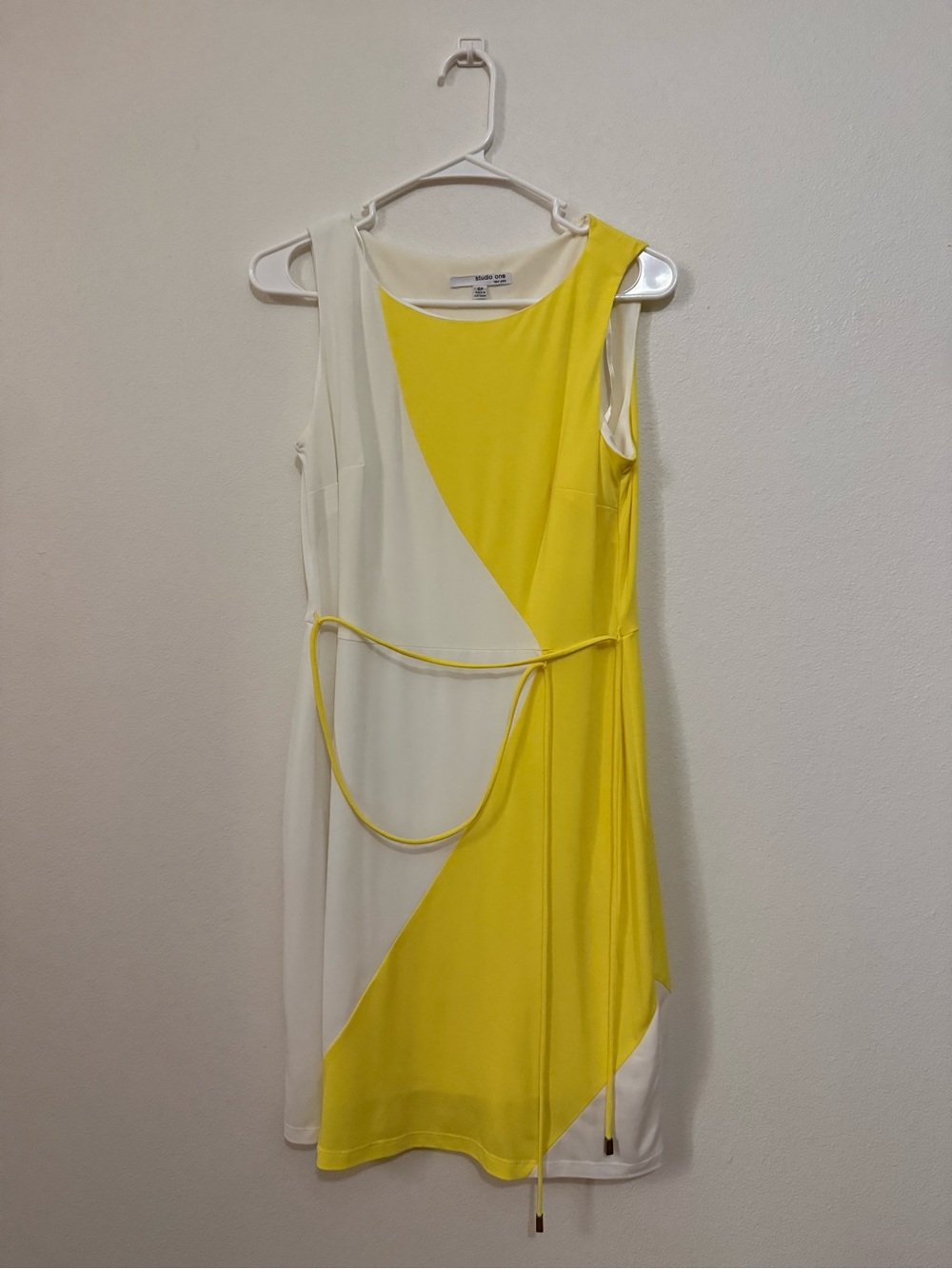 Sleeveless Yellow & White Colorblock Midi Dress with Waist Tie